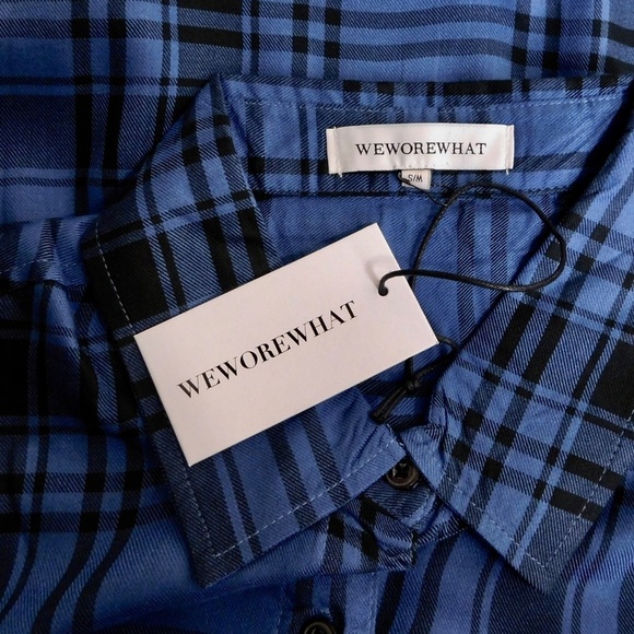 NWT!! WEWOREWHAT Boyfriend Shirt Plaid Navy Blue Collared Oversized Small Medium - Picture 10 of 15